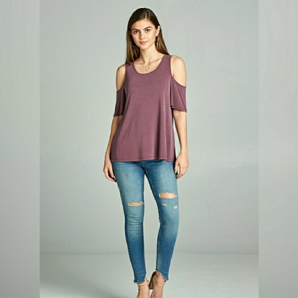 Plum round neck open shoulder Jersey top. - Picture 3 of 4