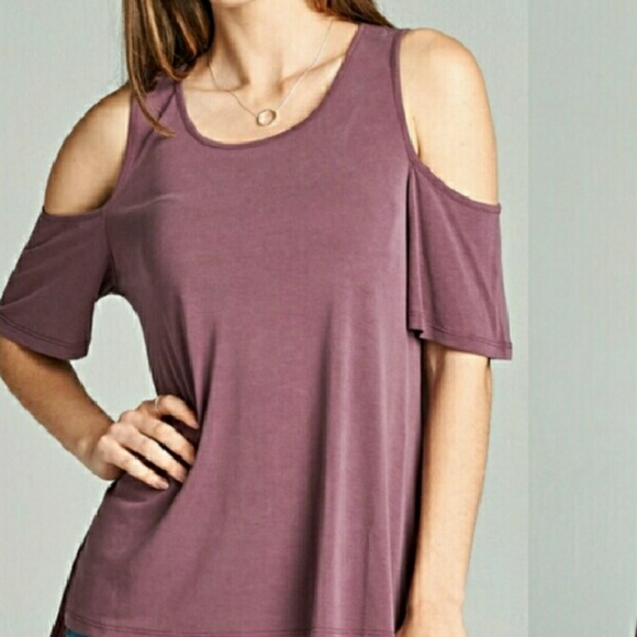 Plum round neck open shoulder Jersey top. - Picture 4 of 4