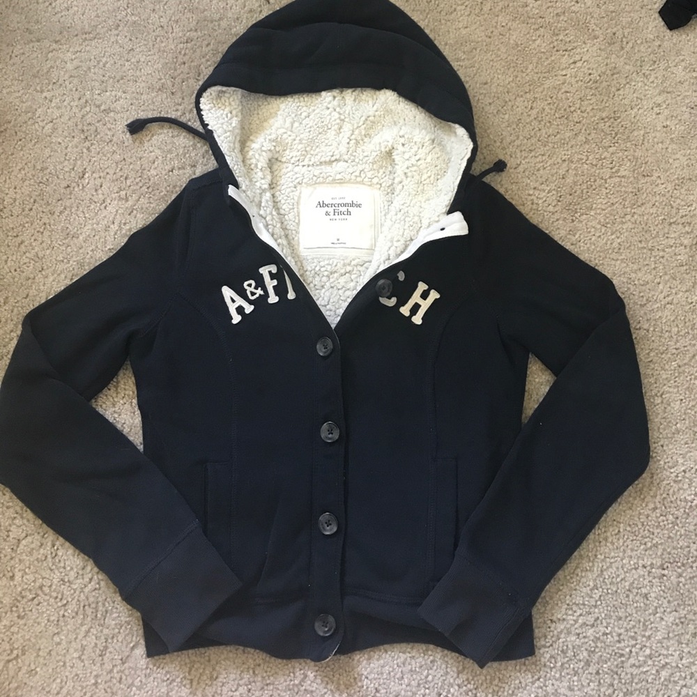 A&F Button Up Sherpa Lined Navy Hoodie