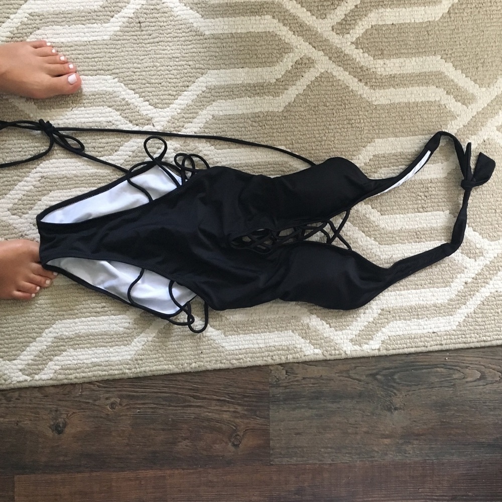 One piece lace up black one piece