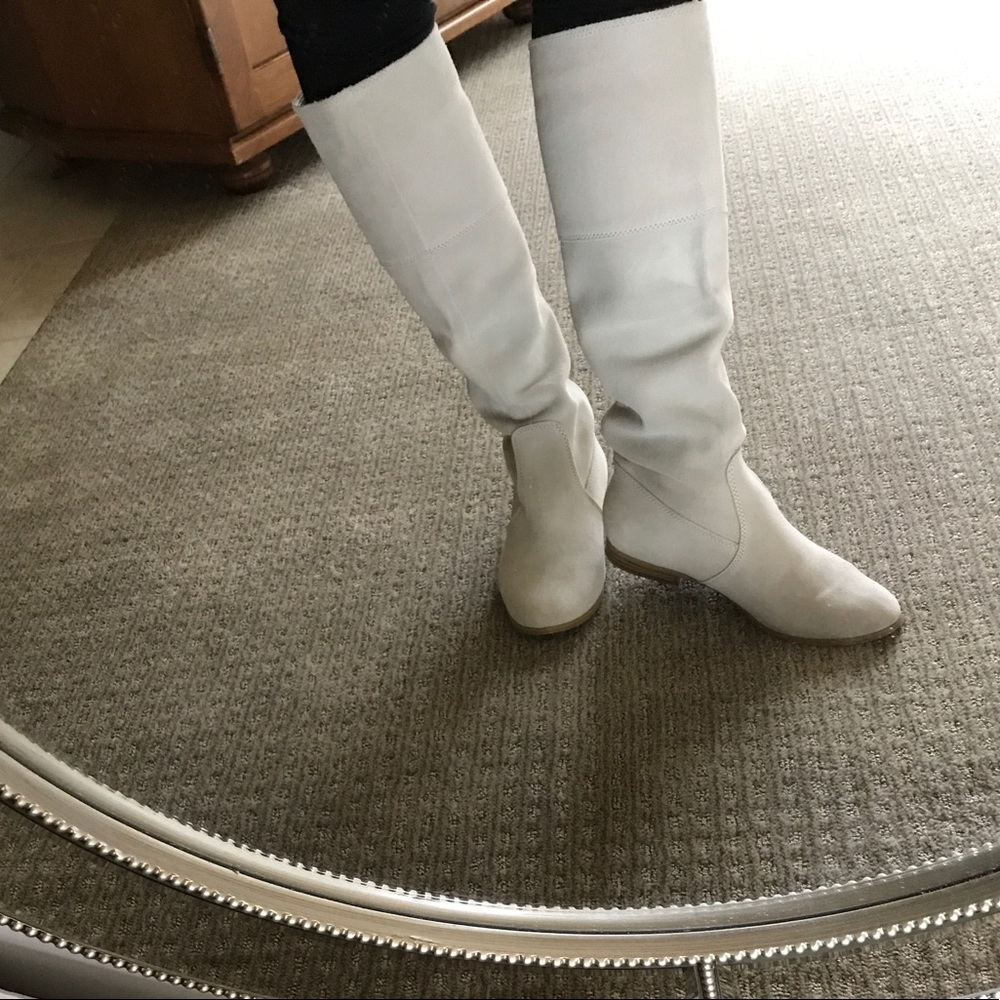 Cream suede knee high boots
