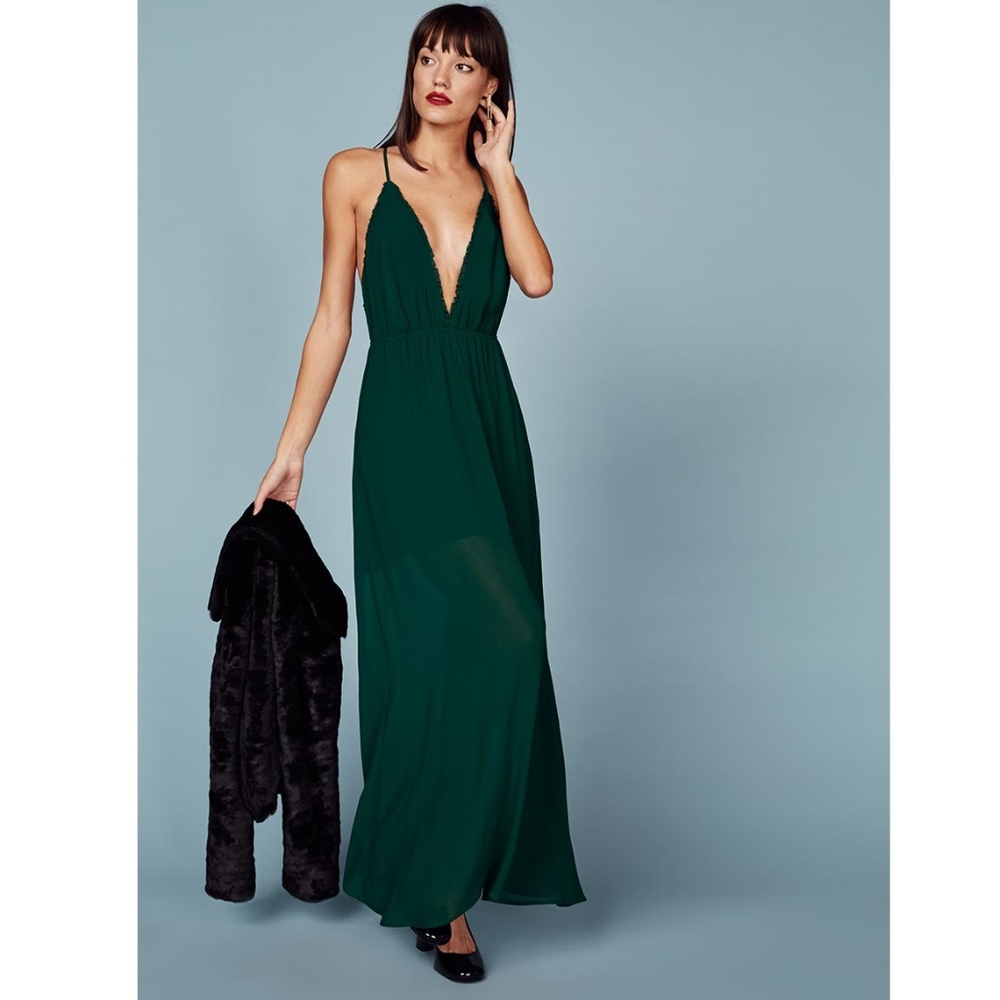 REFORMATION LONG GREEN LORI DRESS