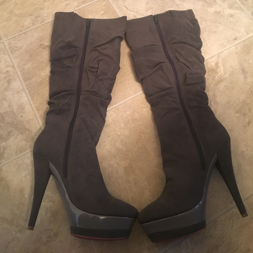 Gray Knee High Boots.