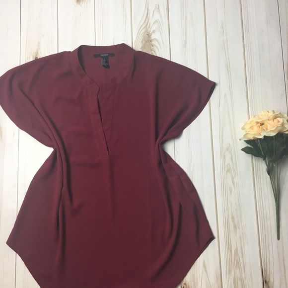 Red High-Low Short Sleeve Work/Business Blouse - Picture 3 of 6