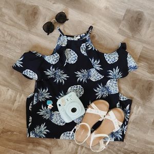 Pineapple Printed Cold-Shoulder Shift Dress
