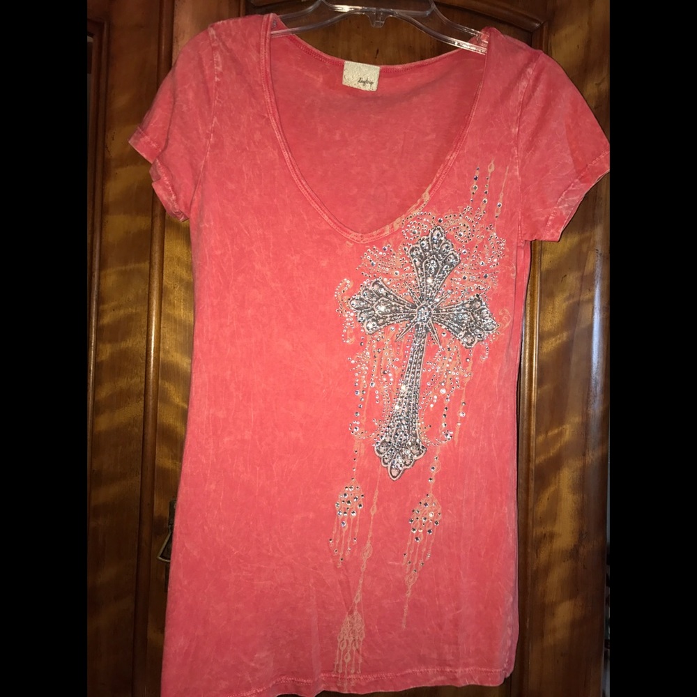 Orange distressed top with jeweled cross, size- S
