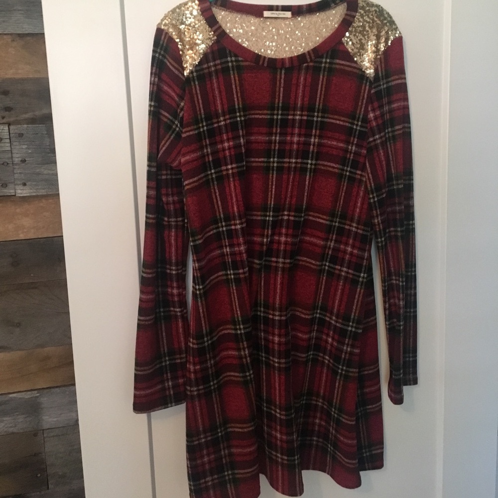 Long Sleeve Plaid + Sequin Sweater Dress