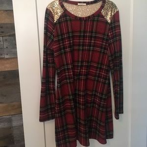 Long Sleeve Plaid + Sequin Sweater Dress