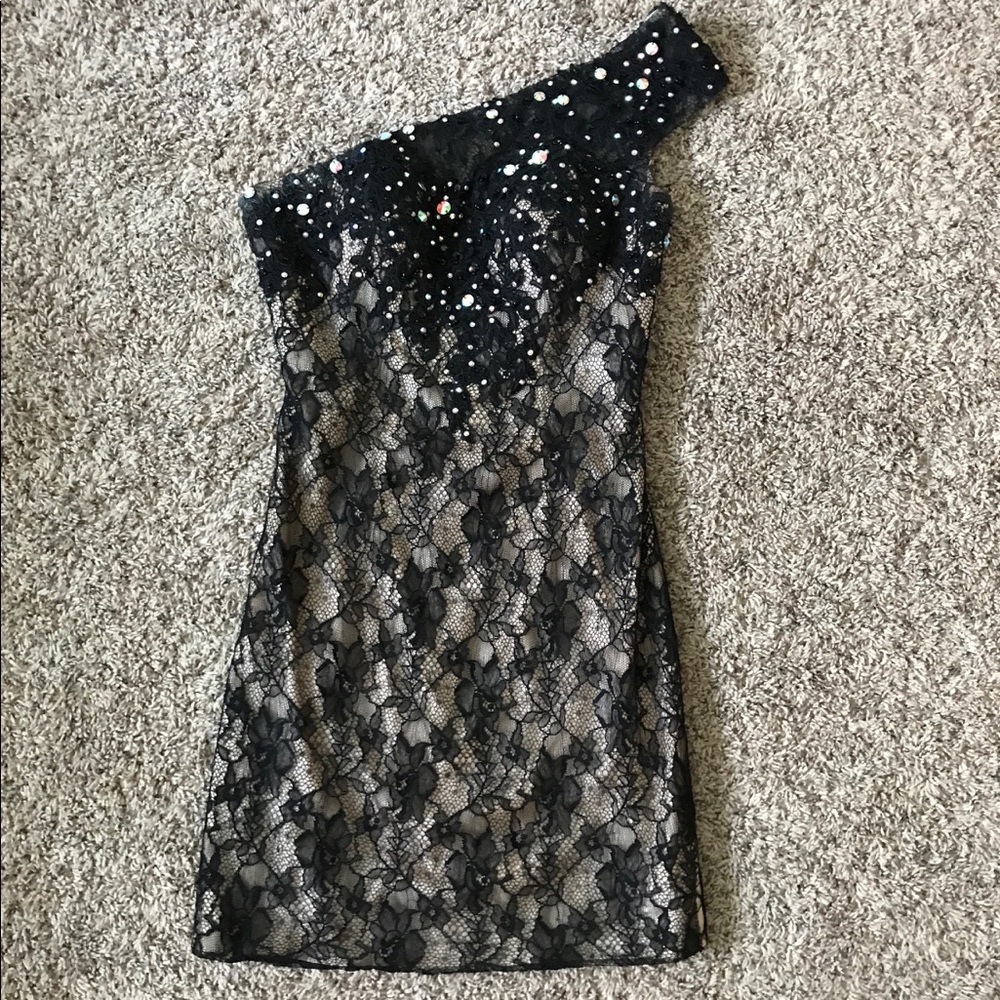 Black lace one shoulder dress, formal