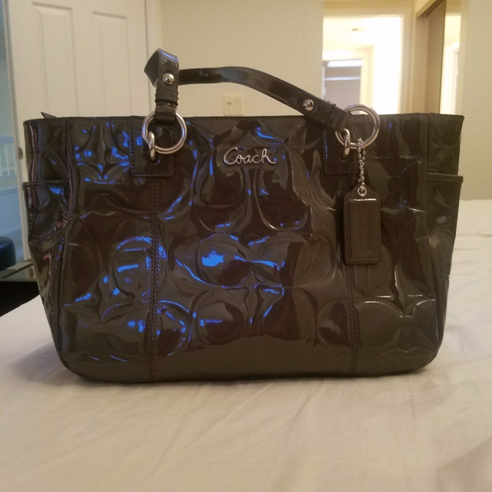 Coach patent leather signature gray tote
