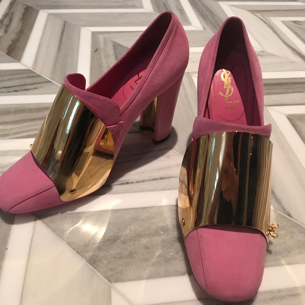 YSL Pink Suede Shield Loafer 39.5