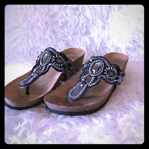 White Mountain Corked Wedge Beaded T-Strap Sandals