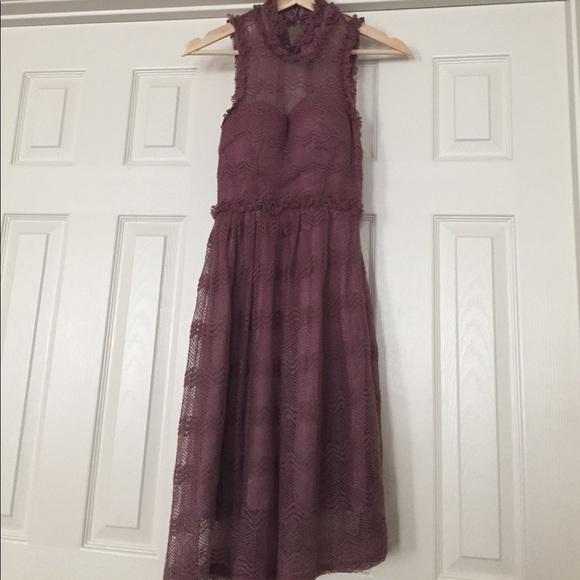 Open back, mesh overlay high neck dress by Minuet. - Picture 1 of 5