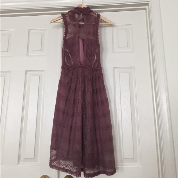 Open back, mesh overlay high neck dress by Minuet. - Picture 2 of 5