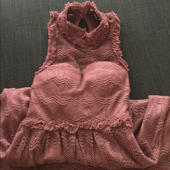 Open back, mesh overlay high neck dress by Minuet. - Picture 4 of 5