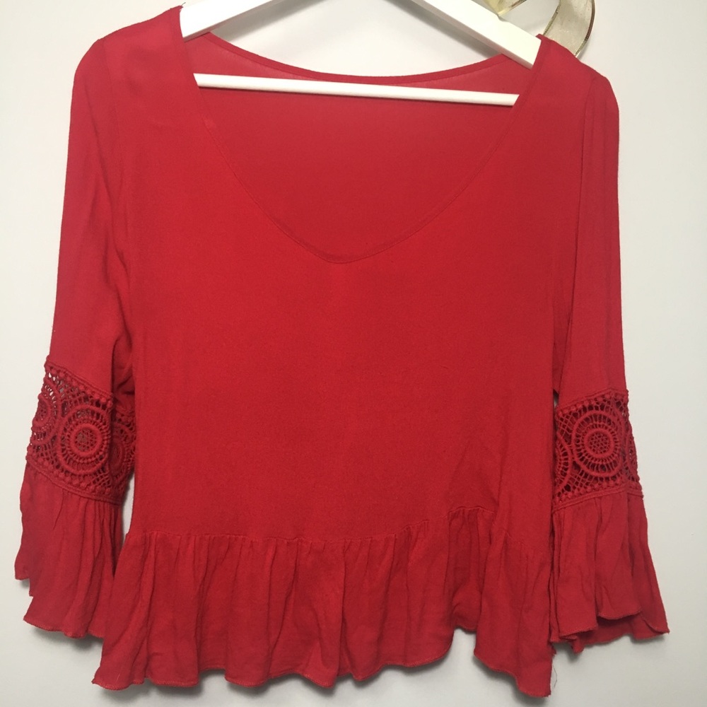 Red Crochet Bell Sleeve Blouse