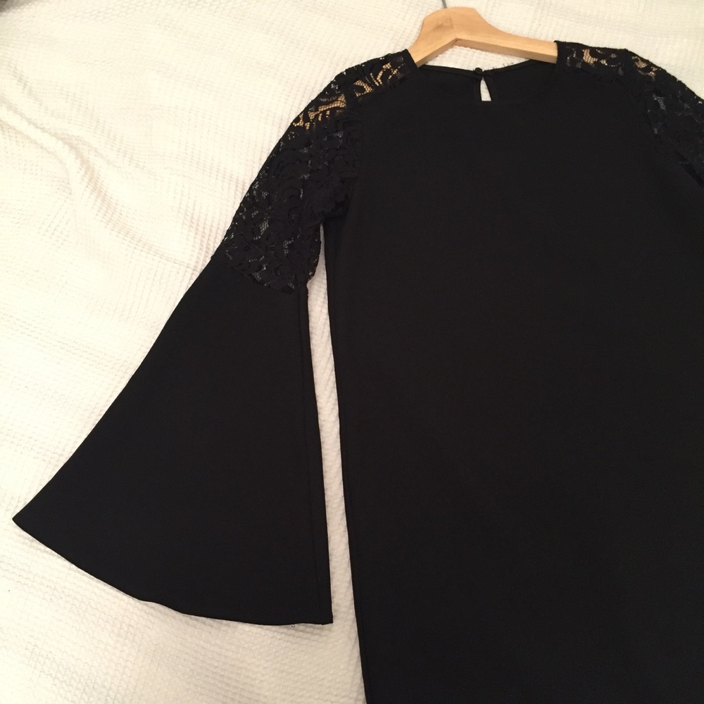 SOLD Bell Sleeve Lace Shoulder Black Mini Dress - Picture 6 of 8