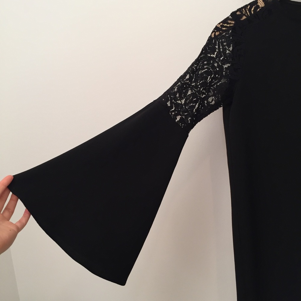 SOLD Bell Sleeve Lace Shoulder Black Mini Dress - Picture 4 of 8
