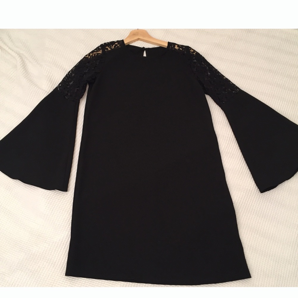 SOLD Bell Sleeve Lace Shoulder Black Mini Dress - Picture 2 of 8