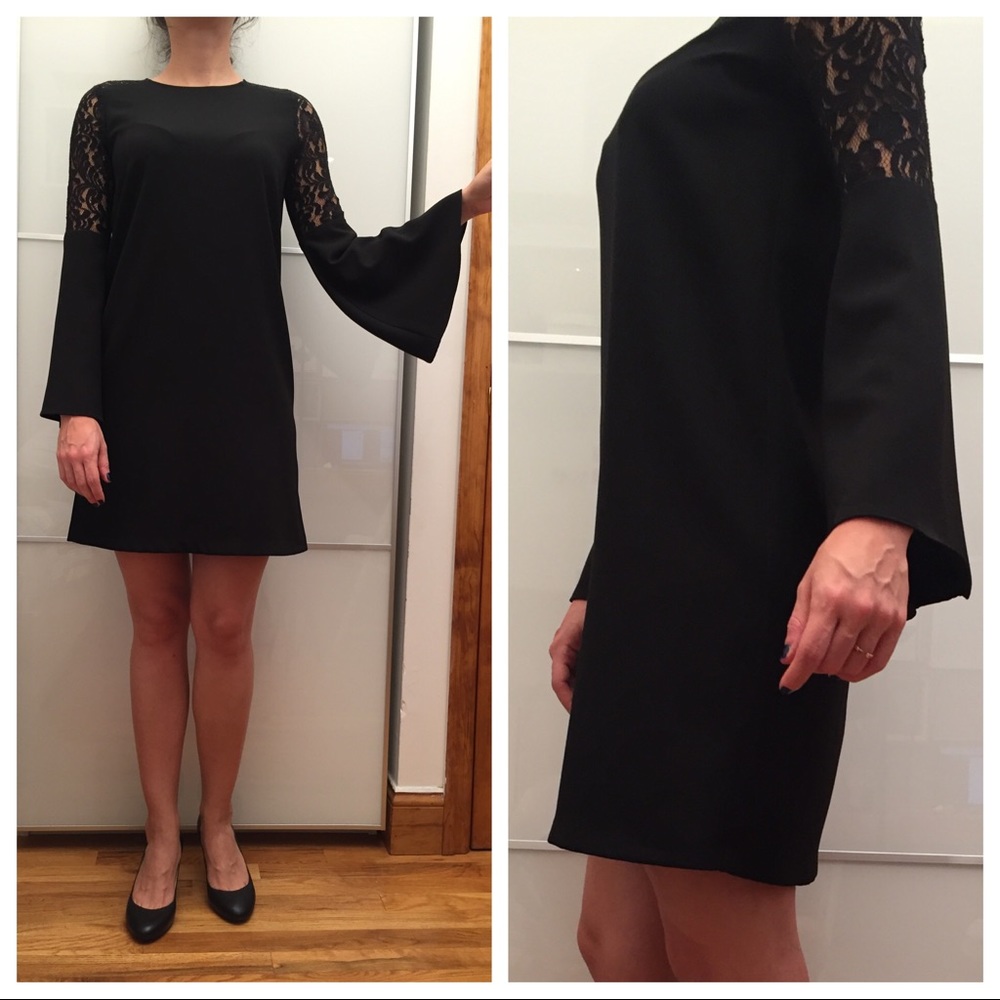 SOLD Bell Sleeve Lace Shoulder Black Mini Dress - Picture 3 of 8
