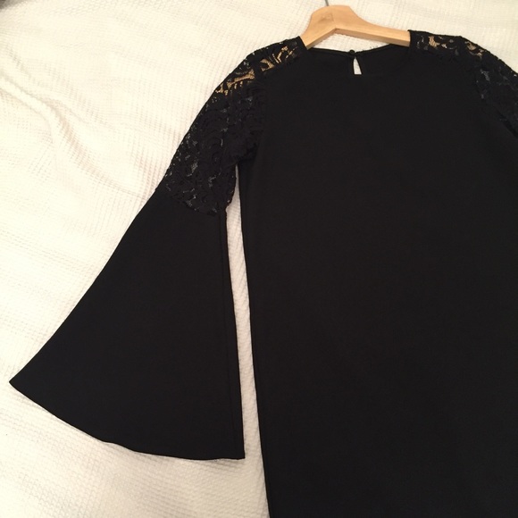 SOLD Bell Sleeve Lace Shoulder Black Mini Dress - Picture 6 of 8
