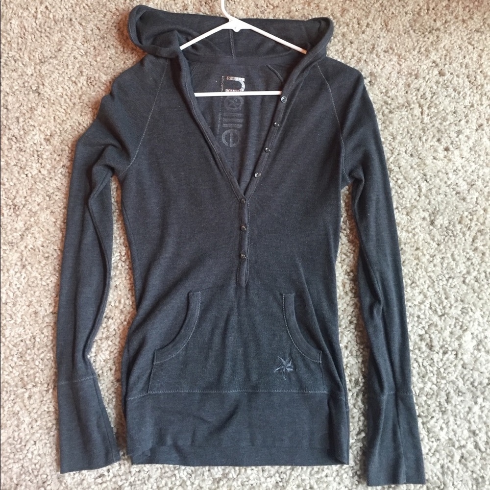 Gray Nollie brand hooded long-sleeve.