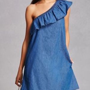 NWT Forever 21 One-Shoulder Ruffle Denim Dress