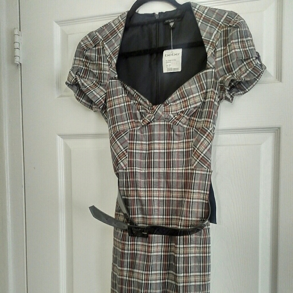 Bebe Grey Plaid Ruffle Hem Dress Sweatheart Neck