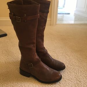 Tall Cognac leather buckle boots