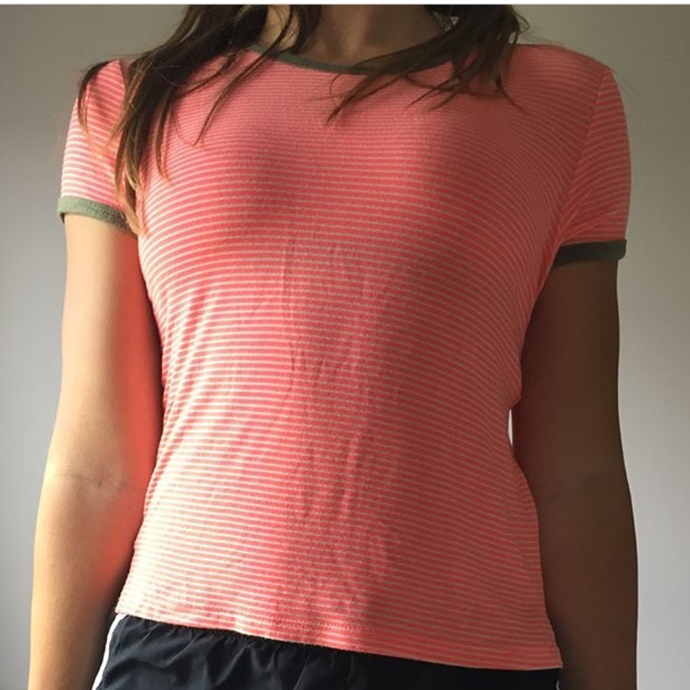 Salmon and white stripped shirt! Very comfortable!
