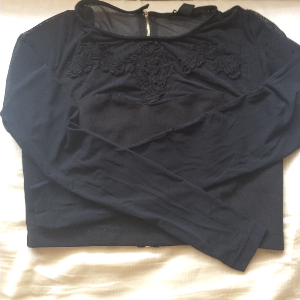 Sheer Black Lace Embroidered Zip Back Crop Top