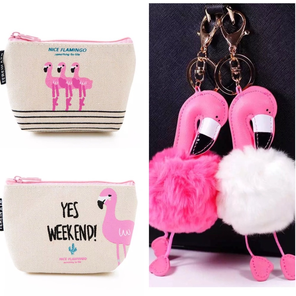 FLAMINGO KEY RING PURSE FOB CELL PLUS CANVAS  BAG