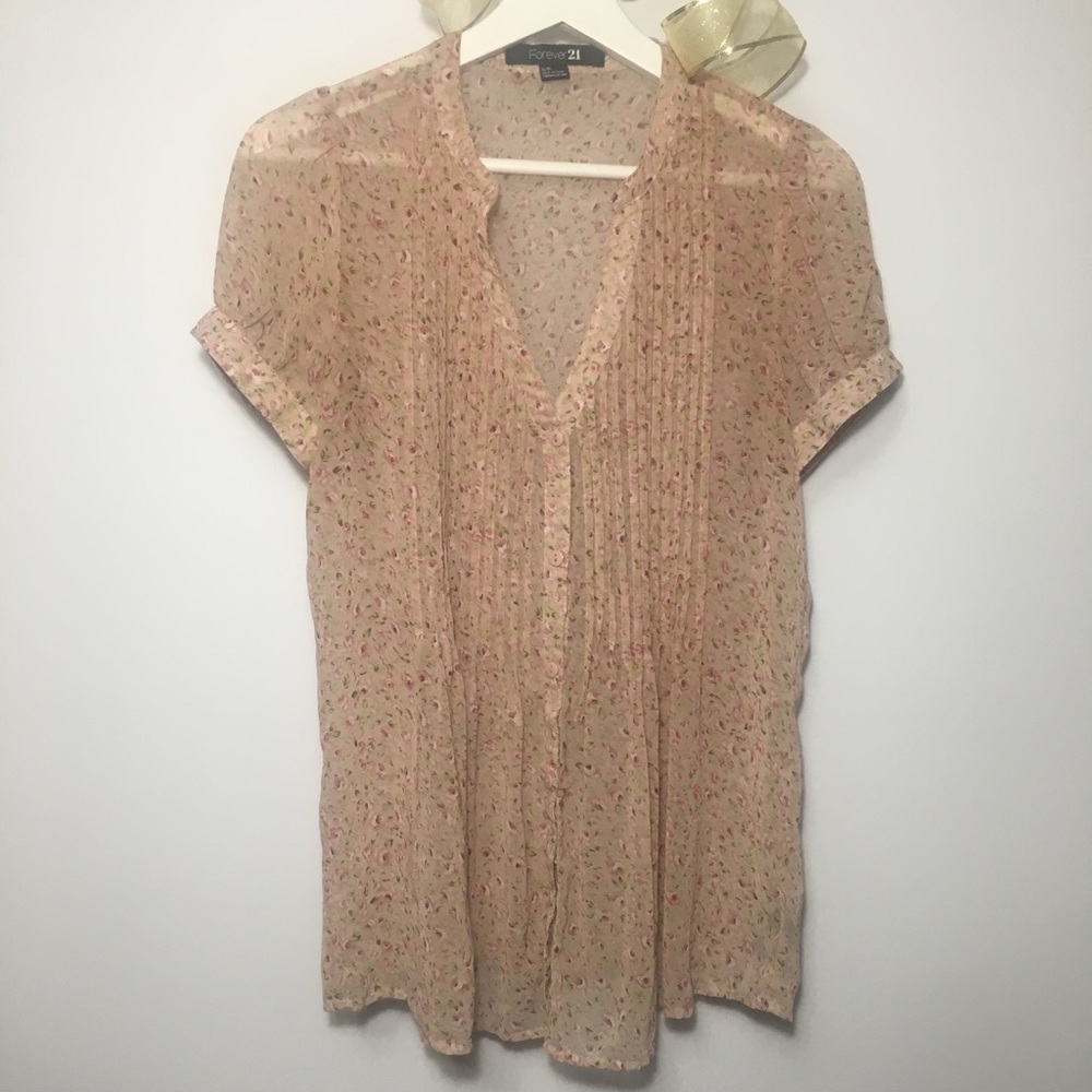 Sheer, Rose-Print Tuxedo Blouse