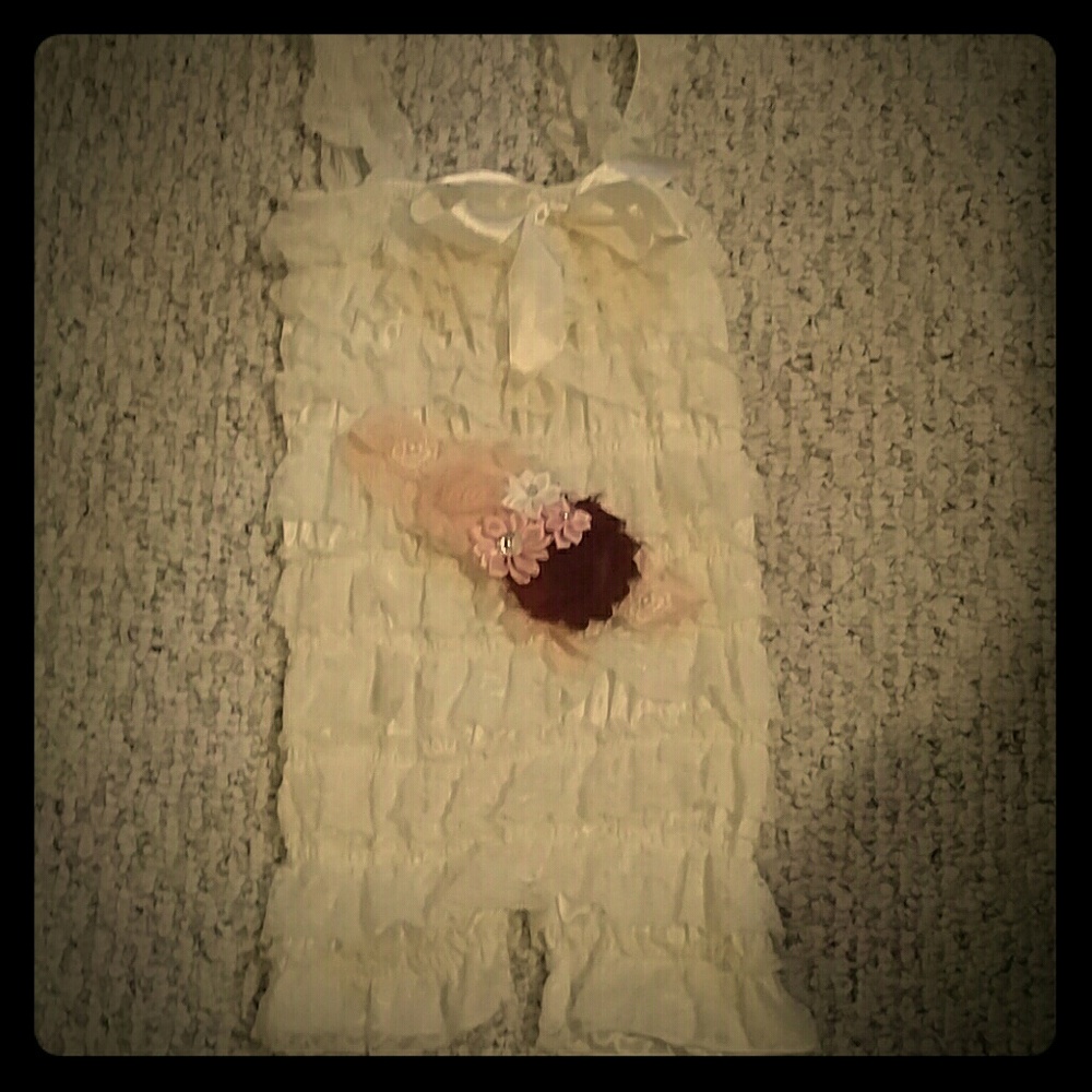 Ivory baby romper with headband
