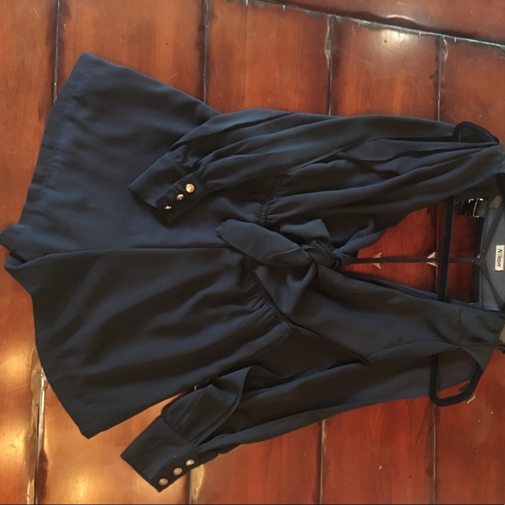 Backless, black romper with gold accents