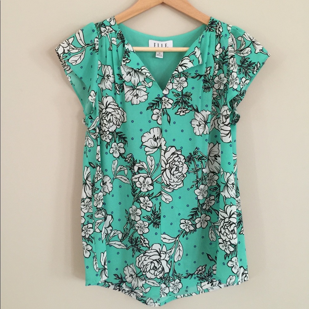 Teal short sleeved blouse with flowers size XS