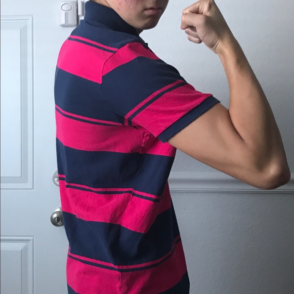 Hollister polo shirt (red/pink and blue stripes)