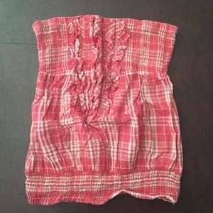 GUESS pink plaid strapless top