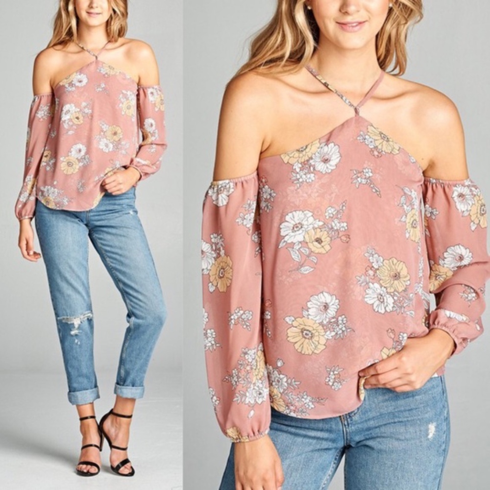 Halter off Shoulder Floral Top - BLUSH - Picture 1 of 1