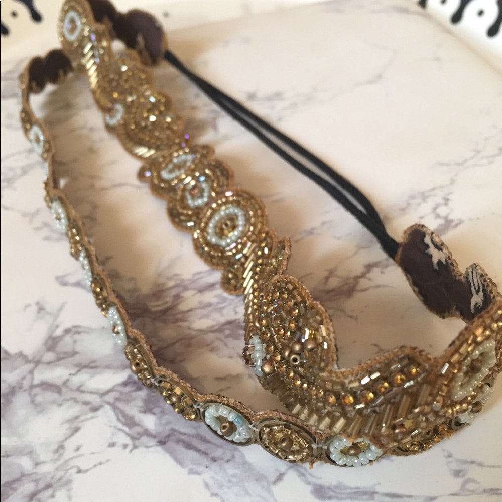 Anthropologie beaded elastic headband white/gold