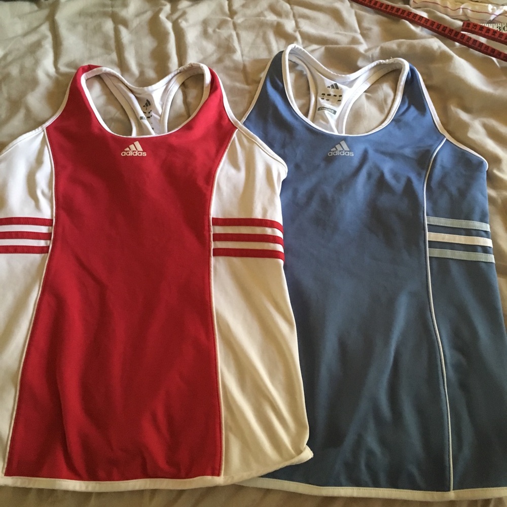 Two white blue and red adidas workout tops!