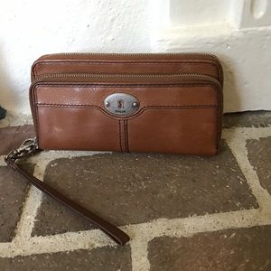 Fossil brown leather wristlet