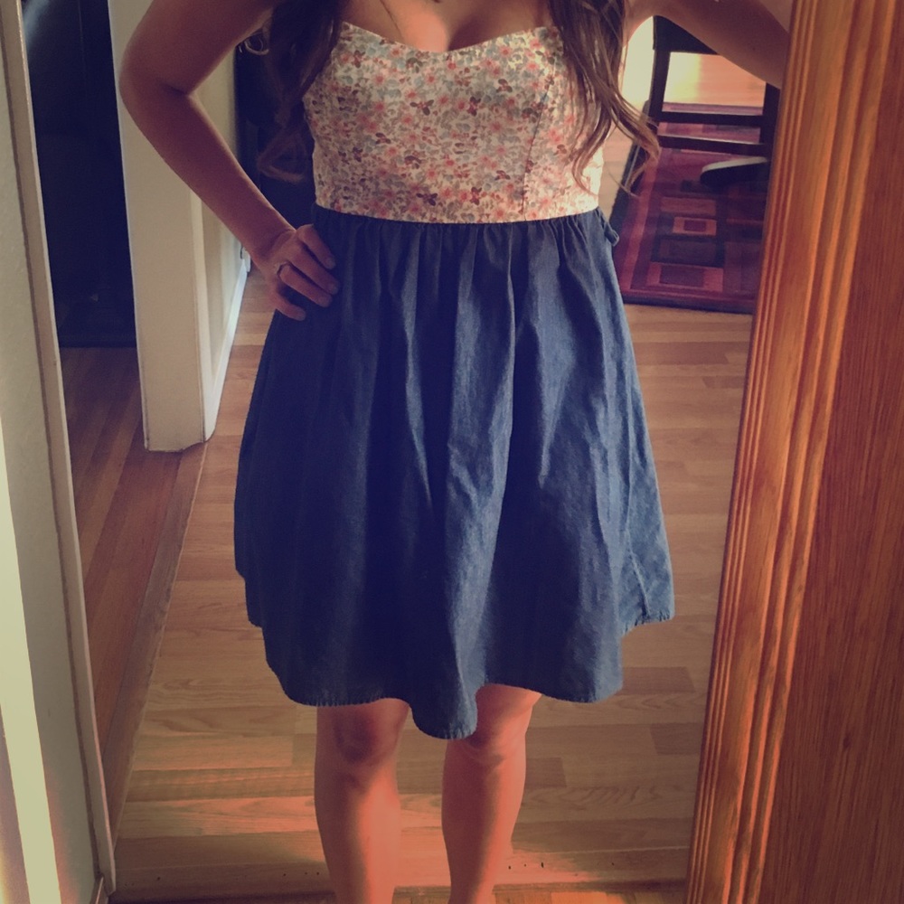 Forever 21 Floral/Denim Strapless Dress