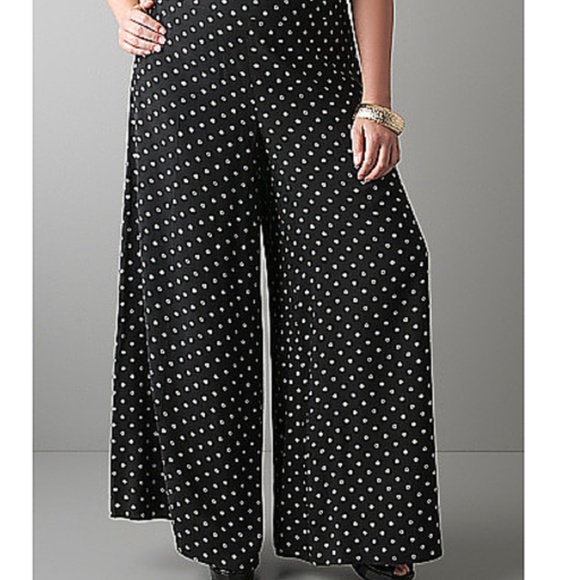 black polka dot wide leg trousers