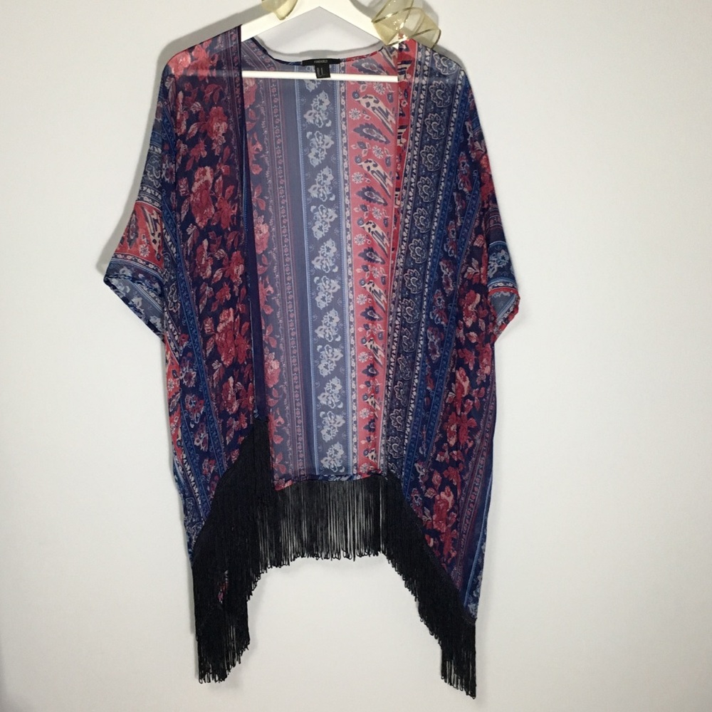 Sheer Pink/Blue Kimono with Fringe