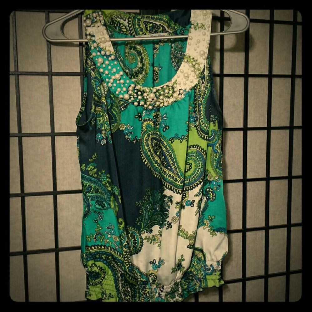 Paisley tank top blouse with beautiful pearls