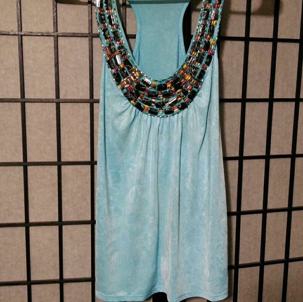 Beaded blue flowy tank top blouse