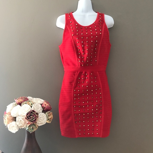 WOW couture Dresses & Skirts - Body con red dress with studs in gold