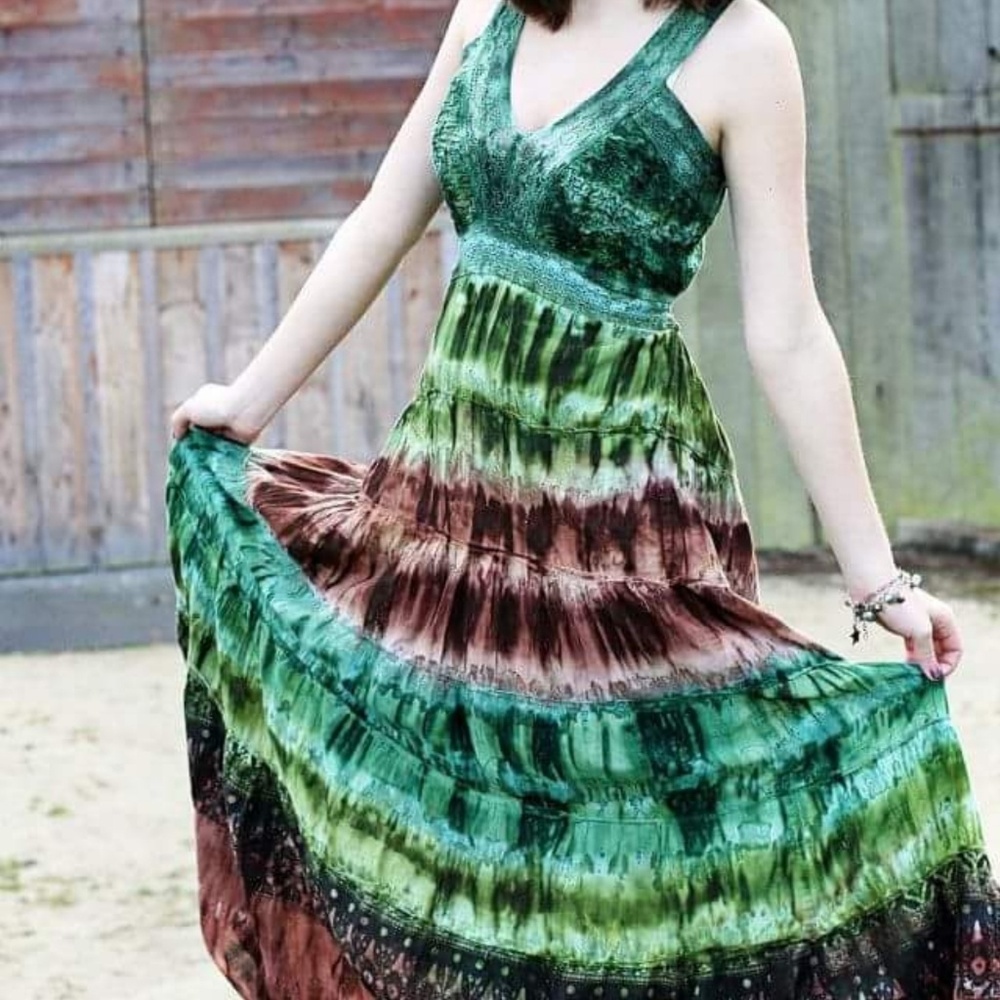 Thin Knit Cotton Tie Dye Dress - Brown and Green