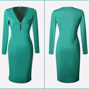 Women's Teal Long Sleeve Zip Up Bodycon Dress